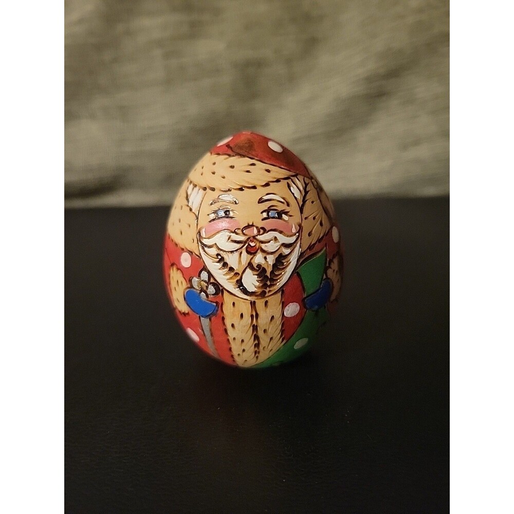 Vintage Folk Art Hand Painted Wooden Santa Claus Egg Shape Ornate Artist Signed